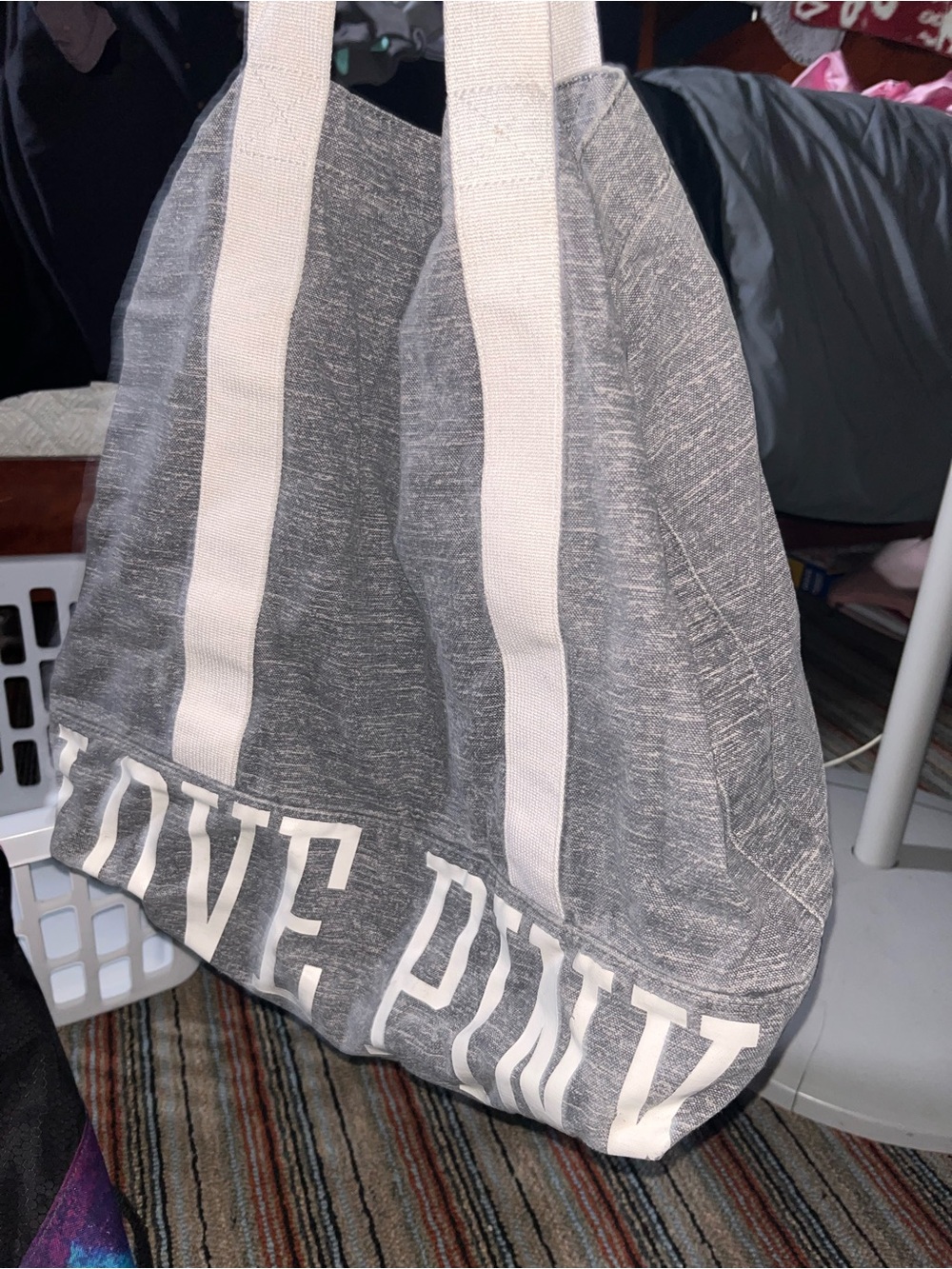LOVE PINK Gray Canvas Tote with White Straps